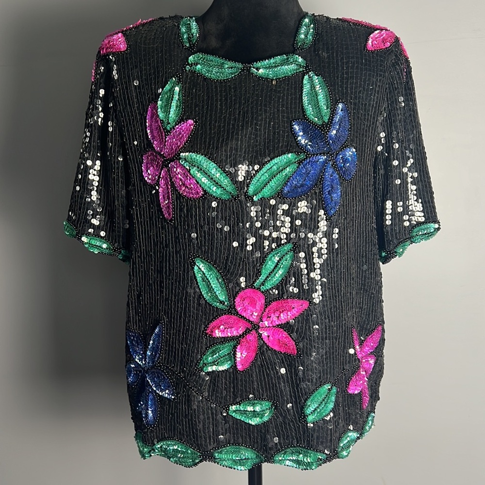 Vintage Stenay 100% Silk Floral Beaded Sequin Floral Blouse Shirt - Picture 4 of 7